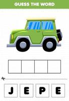 gioco educativo per bambini indovina le lettere di parola praticando un'auto jeep di trasporto carina vettore