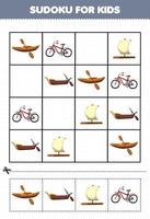 gioco educativo per bambini sudoku per bambini con immagine di trasporto manuale dei cartoni animati vettore