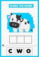 gioco educativo per i bambini indovina le lettere di parola praticando la mucca carina dei cartoni animati vettore