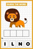 gioco educativo per bambini indovina le lettere di parola praticando il leone simpatico cartone animato vettore