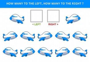gioco educativo per bambini di contare l'immagine sinistra e destra con l'aereo simpatico cartone animato vettore