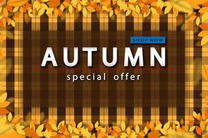 sfondo autunnale con cornice di foglie in arancione, giallo su tartan, sfondo con motivo scozzese, banner di vendita autunnale per sconti o promozioni. illustrazione vettoriale autunnale con sfondo di offerte speciali