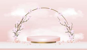 display del podio con fiori di ciliegio, cielo rosa con soffice sfondo nuvola, sfondo di illustrazione vettoriale fiore primaverile con piattaforma di supporto a cilindro, sala studio con rami in fiore fiori di sakura