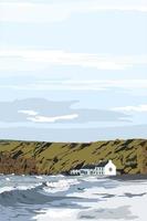 vettore bellissimo panorama marino vista delle onde in riva al mare nel Regno Unito, scenario del mare e del paesaggio estivo della spiaggia. illustratore vista mare verticale sulla spiaggia con ristorante e montagna