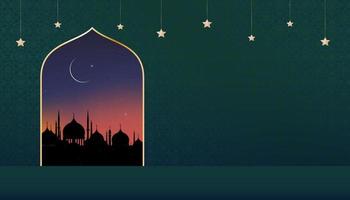 carta islamica con moschee a cupola silhouette, luna crescente, cielo arancione, notte vetor ramadhan con stella su sfondo verde art deco lunare, religione islamica, eid al-adha, eid mubarak, eid al fitr, ramadan kareem vettore