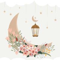 disegno di saluto eid al adha mubarak con luna crescente e stella appesa su lanterna araba, bouquet di fiori su sfondo beige, carta vettoriale della religione dei musulmani simbolica per eid al fitr, ramadan kareem