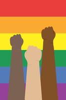 mani con un pugno alzato sullo sfondo arcobaleno. gay Pride. concetto lgbt. illustrazione colorata di vettore di stile realistico. adesivo, toppa, stampa t-shirt, design del logo.