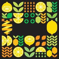 cornice vettoriale piatta minimalista, simbolo dell'icona di frutta al limone. semplice illustrazione geometrica di agrumi, arance, limonata e foglie. modello astratto su sfondo nero. per spazio di copia, post sui social media.