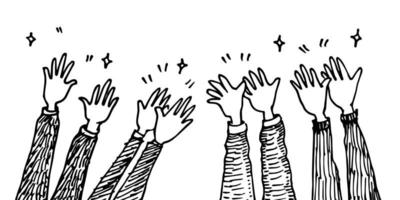 mani che battono. mani in alto, applausi e gesti di pollice in alto. mani persone per il concept design. illustrazione vettoriale di scarabocchio