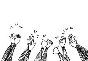 disegnato a mano di mani in alto, applauso ovazione, applausi, pollice in alto gesto in stile doodle. illustrazione vettoriale
