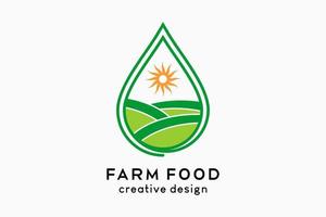 logo dell'alimento agricolo, illustrazione della fonte di cibo biologico. campo di riso e icona del sole in gocce vettore