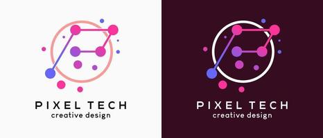 design del logo della tecnologia pixel, simbolo del logo della rete Internet lettera p in un cerchio vettore