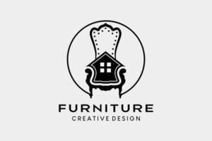 logo del mobile con silhouette di una sedia combinata con l'icona di una casa vettore