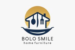 un logo per elettrodomestici o mobili, una scopa, un'icona di posate in un'icona di casa combinata con un'icona di padella in un concetto sorridente vettore