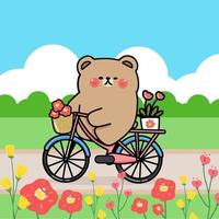 l'orso del personaggio dei cartoni animati va in bicicletta nel parco pubblico del giardino fiorito, nella stagione estiva e primaverile, illustrazione piatta vettore