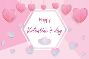 sfondo del concetto di san valentino. illustrazione vettoriale. dolci cuori rossi e rosa tagliati in carta con cornice esagonale bianca. banner di vendita di amore carino o biglietto di auguri vettore