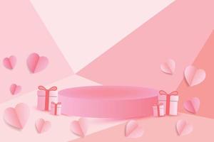 sfondo del concetto di san valentino. illustrazione vettoriale. dolci cuori rossi e rosa tagliati in carta con piedistallo rotondo. banner di vendita di amore carino o biglietto di auguri vettore