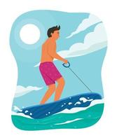 uomo che gioca con la tavola da surf elettrica in mare durante la stagione estiva. vettore