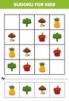 gioco educativo per bambini sudoku per bambini con cartone animato frutta e verdura spinaci funghi ananas paprika immagine vettore