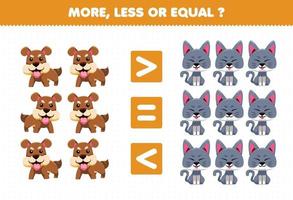 gioco educativo per bambini più o meno uguale conta la quantità di cane e gatto animale simpatico cartone animato vettore