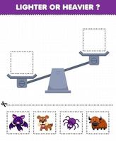 gioco educativo per bambini più leggero o più pesante tagliare le immagini sotto e incollare nella casella giusta con simpatico cartone animato animale pipistrello cane ragno yak vettore