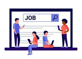 cerca lavoro di persone online nel laptop, trova un posto vacante, un lavoro, vai alla carriera. le persone cercano opportunità per un posto vacante o di lavoro. cerca un nuovo lavoro in internet. illustrazione vettoriale