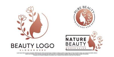 set di collezione di design del logo del salone di bellezza con viso femminile e vettore premium elemento creativo