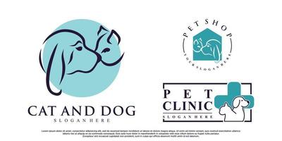 set di design del logo di animali di gatto e cane con stile lineare e vettore premium di concetto creativo