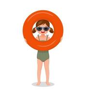 bambina carina con costume da bagno e occhiali da sole che guarda attraverso l'anello di gomma gonfiabile divertendosi in estate vettore
