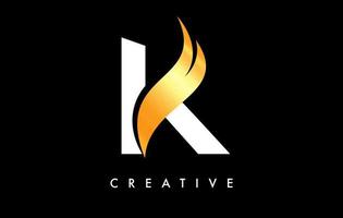 design dell'icona del logo della lettera k con swoosh dorato e vettore di forma curva creativa