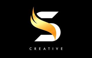 design dell'icona del logo della lettera s con swoosh dorato e vettore creativo a forma di taglio curvo