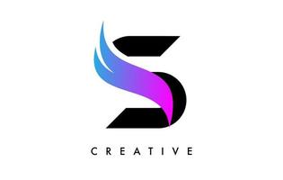 design dell'icona del logo della lettera s con swoosh viola e vettore creativo a forma di taglio curvo