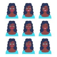 set di giovane icona femminile con emozioni in stile cartone animato. profilo avatar ragazza con espressione facciale. ritratti di personaggi africani con colori vivaci. illustrazione vettoriale isolata in design piatto