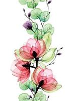 gordur senza cuciture dell'acquerello con fiori trasparenti. fiori rosa di rosa canina, rosa canina e foglie di eucalipto verde. raggi X del disegno delicato vettore