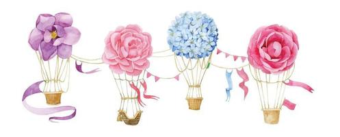 set da disegno ad acquerello di palloncini con fiori, bordo, stampa. motivo delicato e delicato per ragazze, fiori di rosa, ortensie, peonia e palloncini. vettore