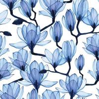 modello senza cuciture dell'acquerello con magnolie blu trasparenti. fiori trasparenti di colore blu su sfondo bianco, raggi x. magnolie in fiore con motivo vintage.