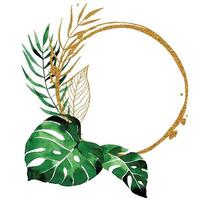 cornici rotonde dorate con foglie tropicali verde acquerello. cornice astratta con spruzzi d'oro e foglie di palma, monstera vettore