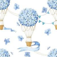 acquerello disegno senza cuciture mongolfiera di fiori. stampa delicata per ragazze, delicata. fiori di ortensia blu su sfondo bianco. vettore