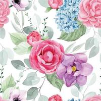 disegno ad acquerello. modello senza cuciture con fiori da giardino. bouquet di rose rosa, peonie, ortensie blu e magnolie viola e foglie verdi di eucalipto. isolato su sfondo bianco stampa vintage vettore