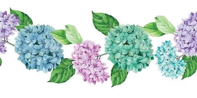 bordo senza cuciture dell'acquerello, cornice, striscione con fiori e foglie di ortensia. foglie verdi e fiori di ortensia blu, rosa, viola isolati su sfondo bianco. vettore