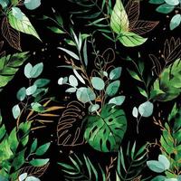 modello senza cuciture dell'acquerello con foglie tropicali su uno sfondo scuro. foglie verdi e oro su sfondo nero. foresta pluviale vettore