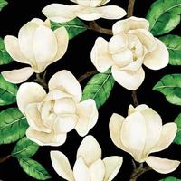 senza cuciture con magnolie bianche su sfondo nero. stampa ad acquerello in stile vintage con fiori tropicali bianchi e sfondo scuro vettore