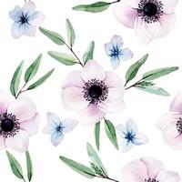 motivo ad acquerello senza cuciture con anemone rosa e blu e fiori di ortensia. simpatica stampa floreale con motivo denso. design per scrapbooking, tessuto, carta da parati, carta da imballaggio. vettore