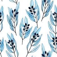 disegno ad acquerello a mano. senza cuciture con foglie e rami di eucalipto. disegno trasparente di foglie di eucalipto blu, frutti di eucalipto su sfondo bianco. stampa per tessuto, carta da parati vettore