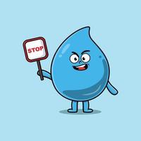 goccia d'acqua simpatico cartone animato con cartello di stop vettore