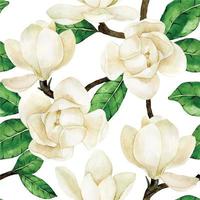 modello senza cuciture dell'acquerello con magnolie bianche. stampa delicata vintage, fiori di magnolia e foglie su sfondo bianco vettore