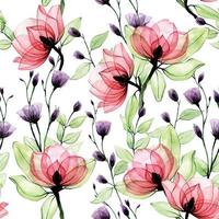 modello senza cuciture dell'acquerello con fiori trasparenti. stampa vintage con rose selvatiche rosa e fiori di campo viola su sfondo bianco. acquerello delicato vettore