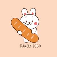 simpatico coniglio che tiene un pane per il logo della panetteria. vettore