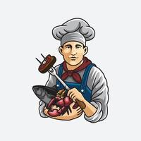 chef in possesso di gamberetti pesce e aragoste fumetto illutration vettore