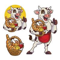 simpatico logo della mascotte della mucca del cestino del pane vettore